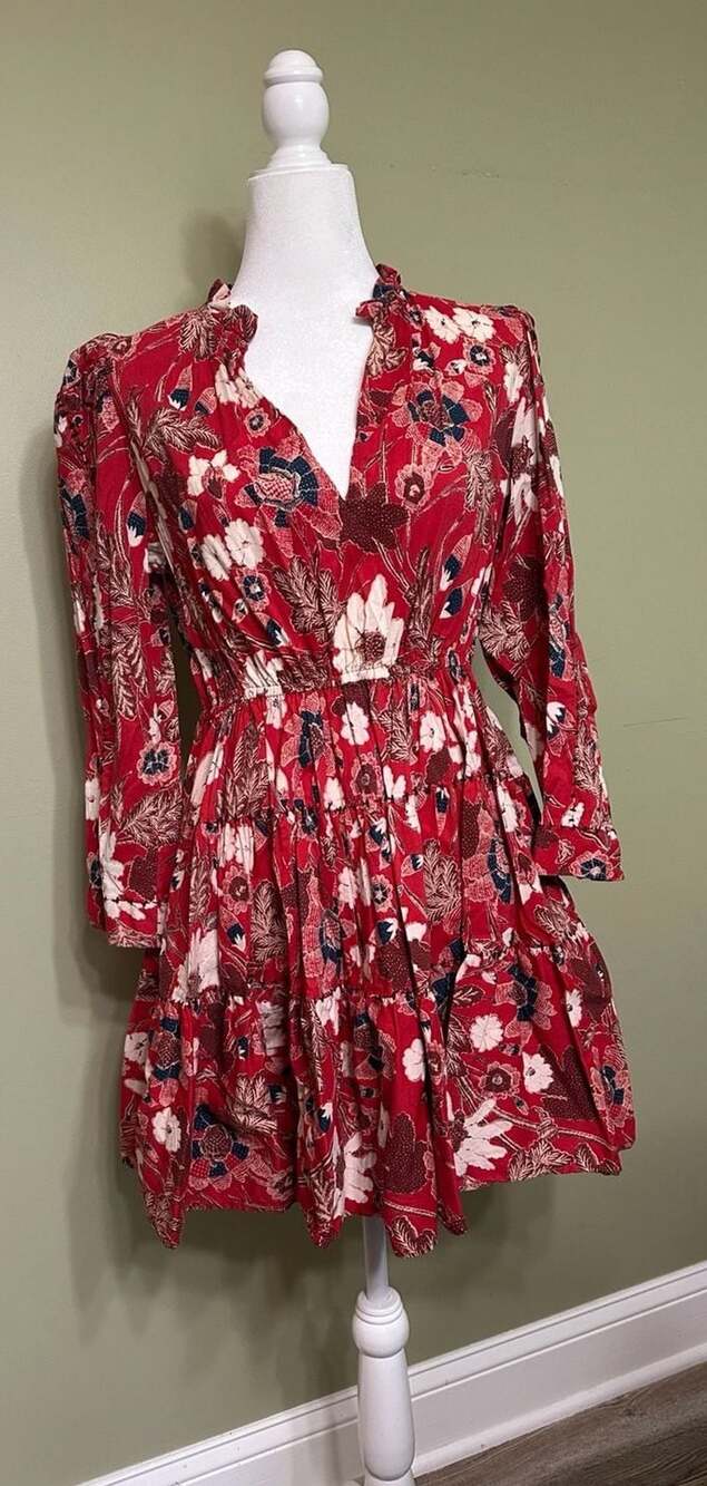 Ulla Johnson Liv Dress Red Floral Long Sleeve Mini Dress Women's Sz 4-6